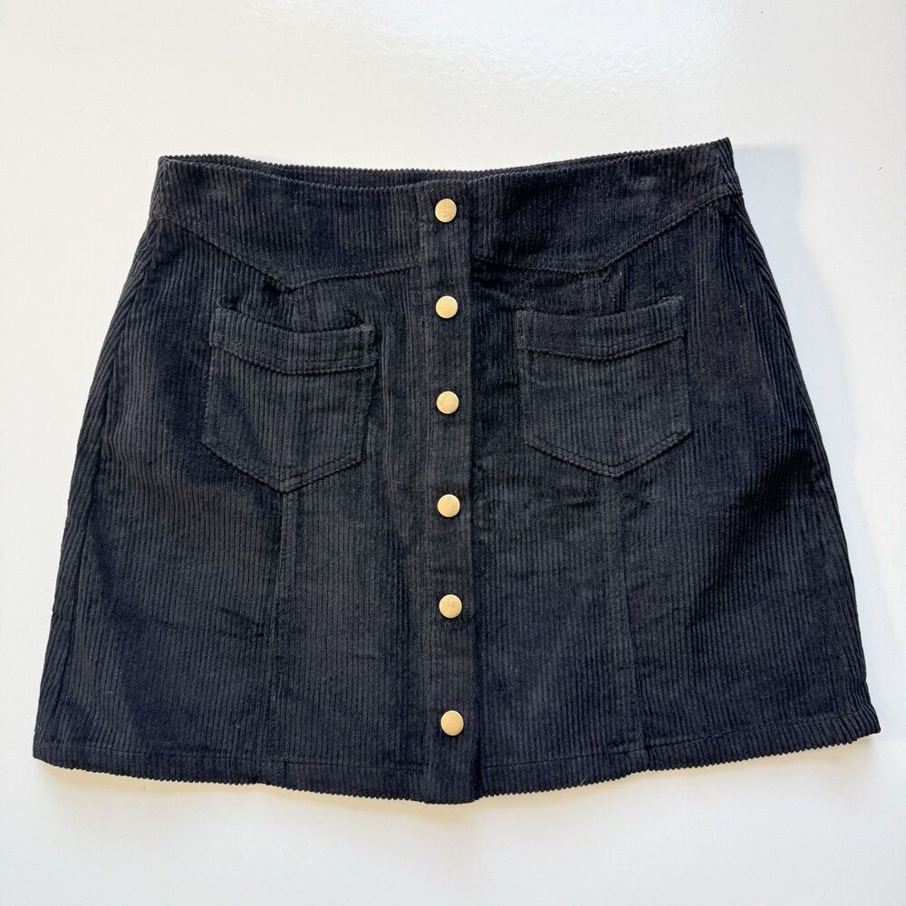 Pink Lily Mini Skirt M Black Corduroy A-line Minimalist Button Front Cotton Fall